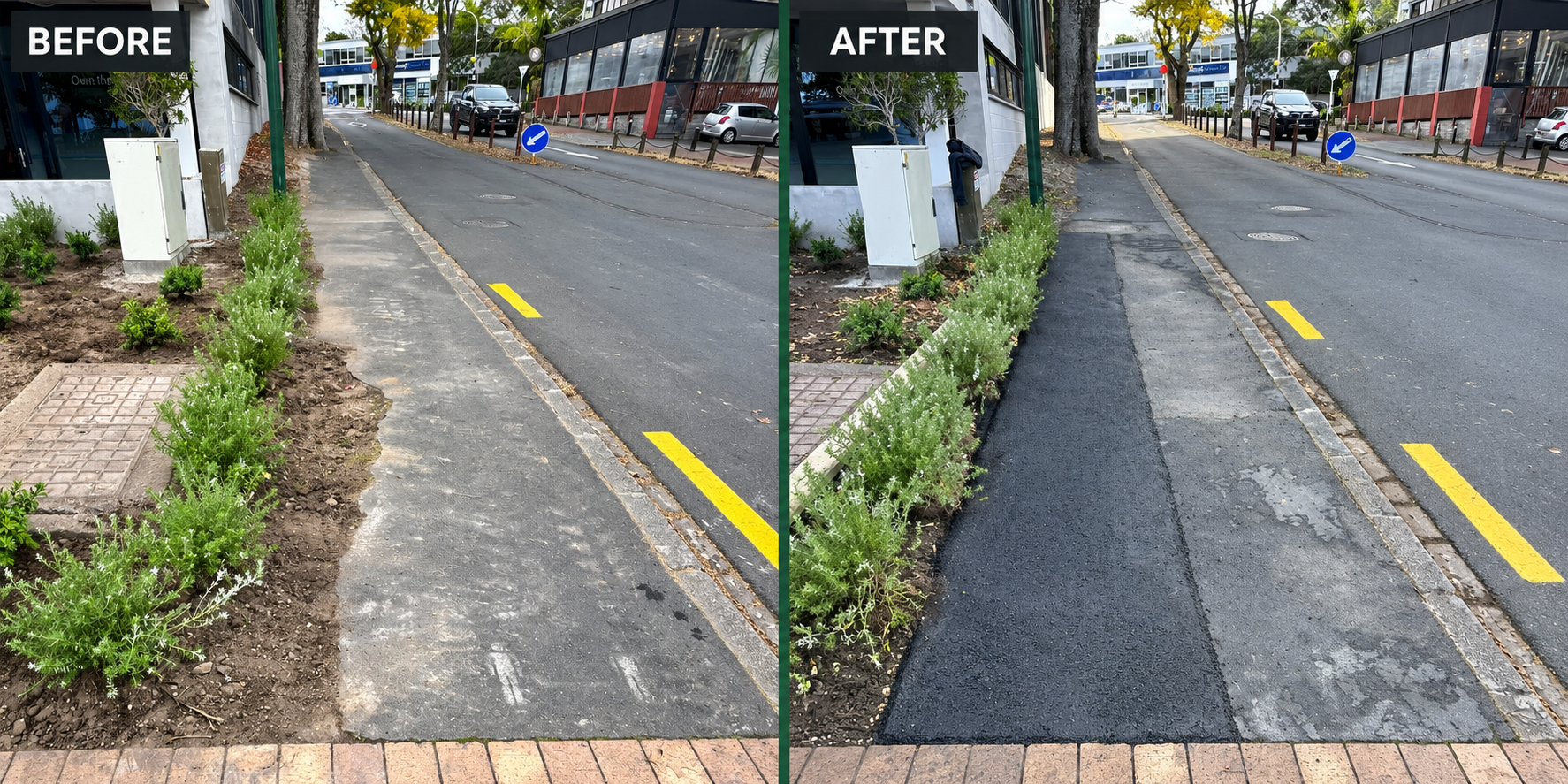 Before and after footpath asphalt earthworks