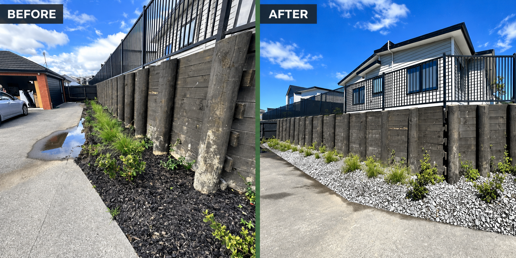 Before and after retaining wall earthworks finish