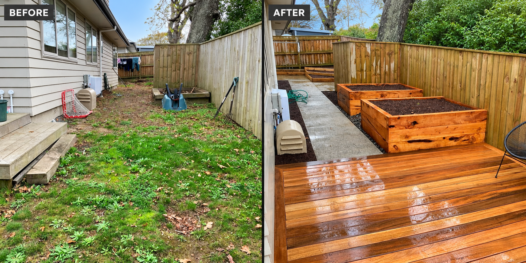 Before and after deck planter landscaping