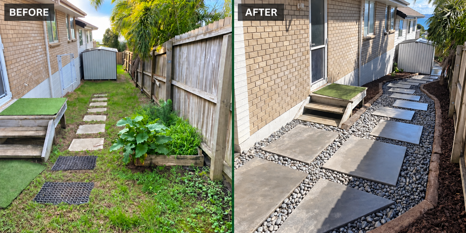 Before and after pathway landscaping transformation