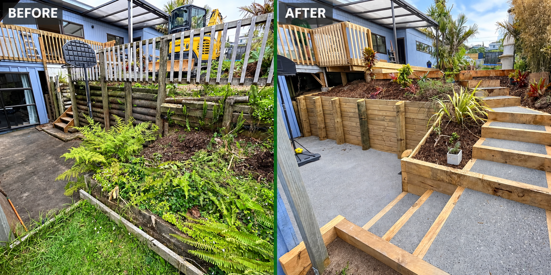 Before and after retaining wall landscaping