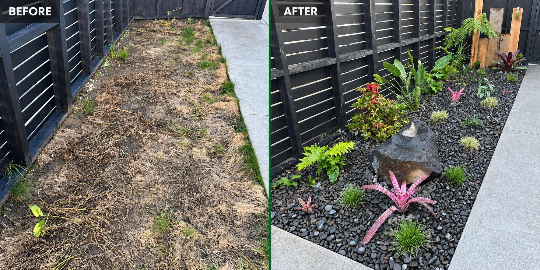 Before and after rock garden landscaping