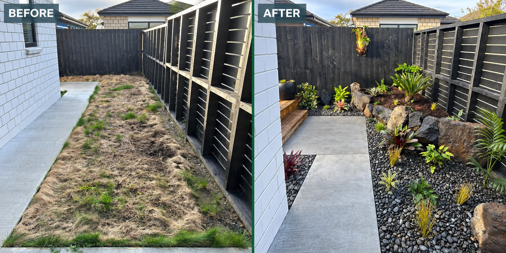 Before and after tropical rock garden landscaping