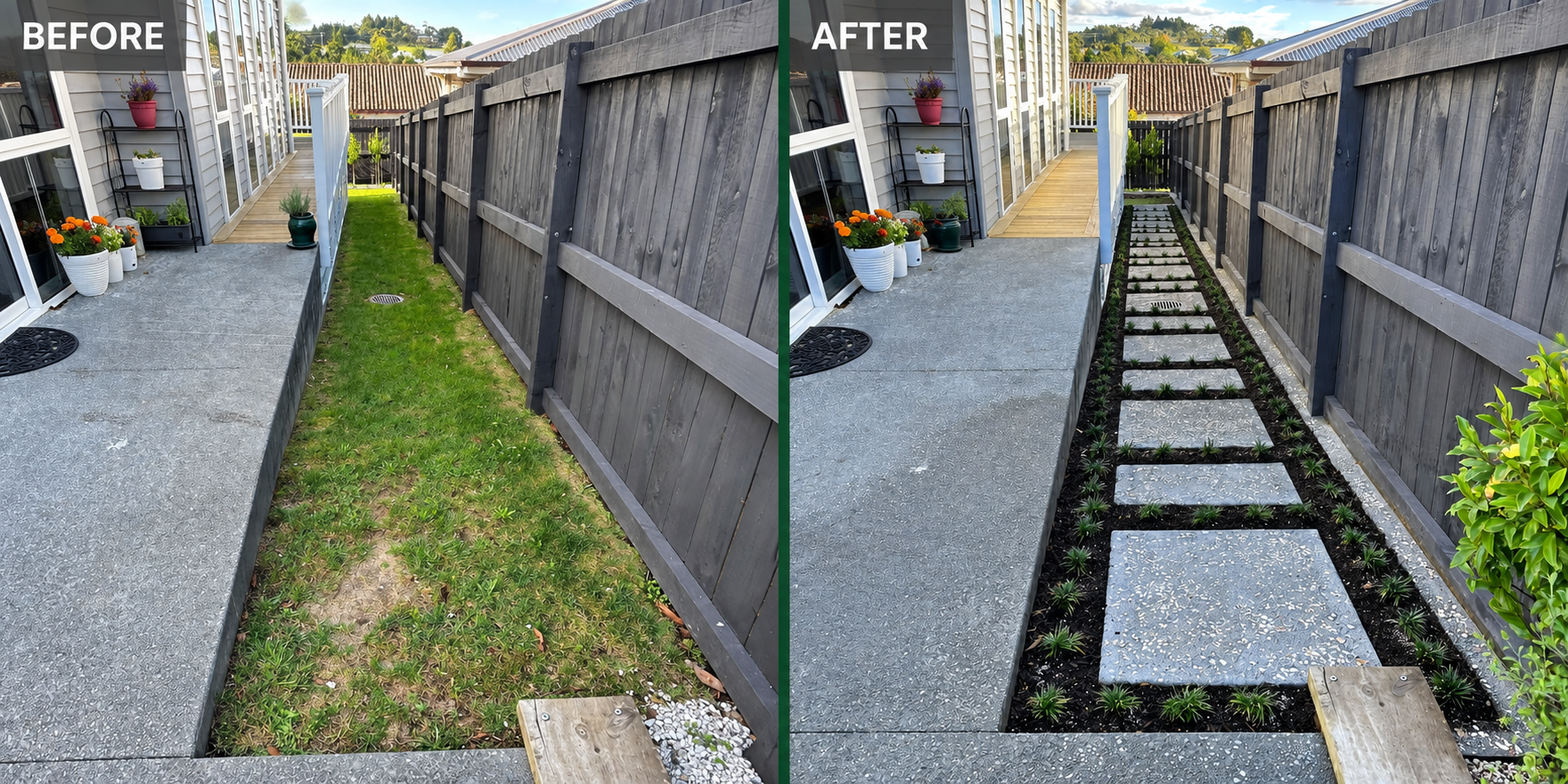 Before and after side path landscaping