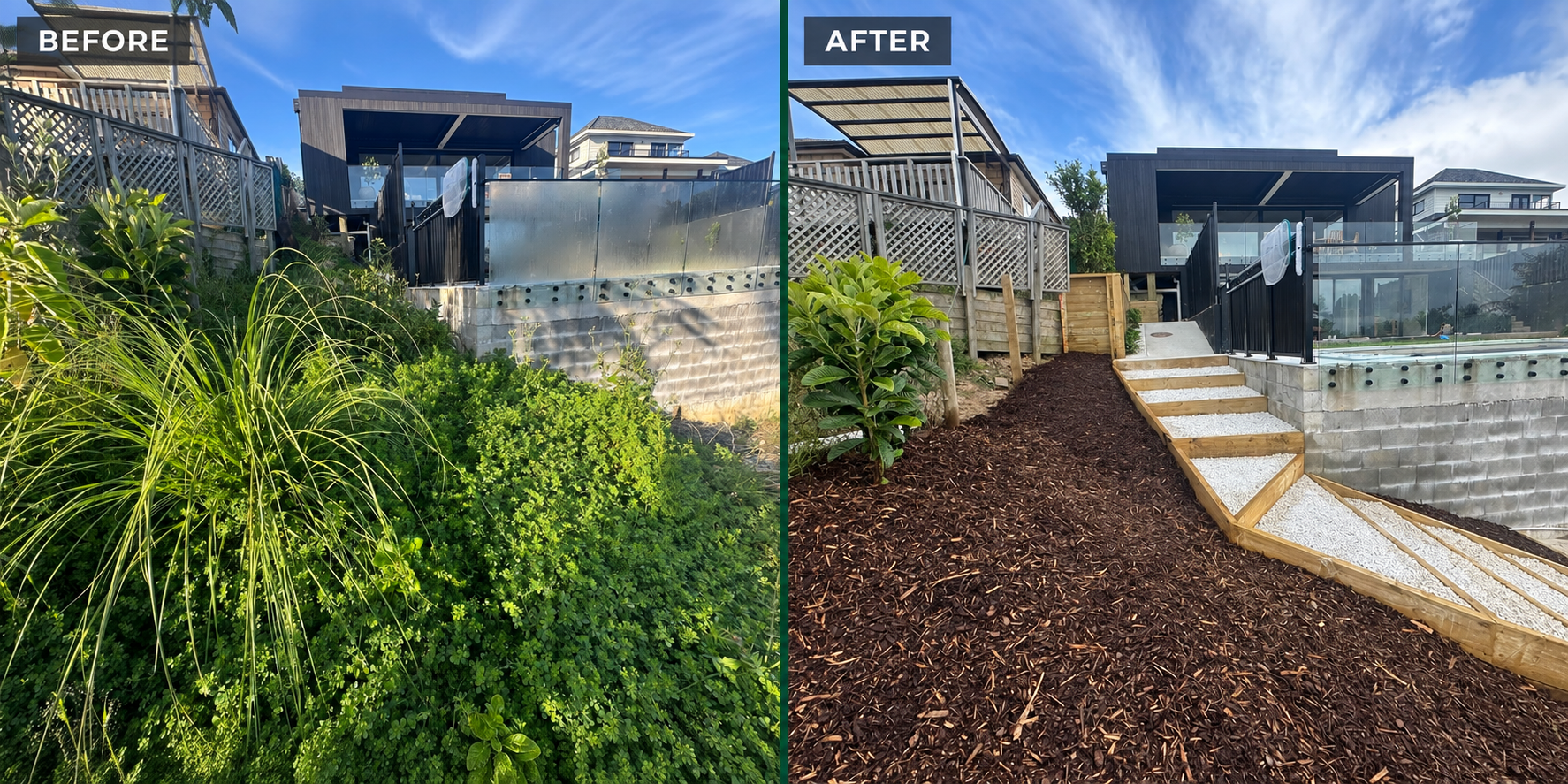 Before and after sloping garden access landscaping