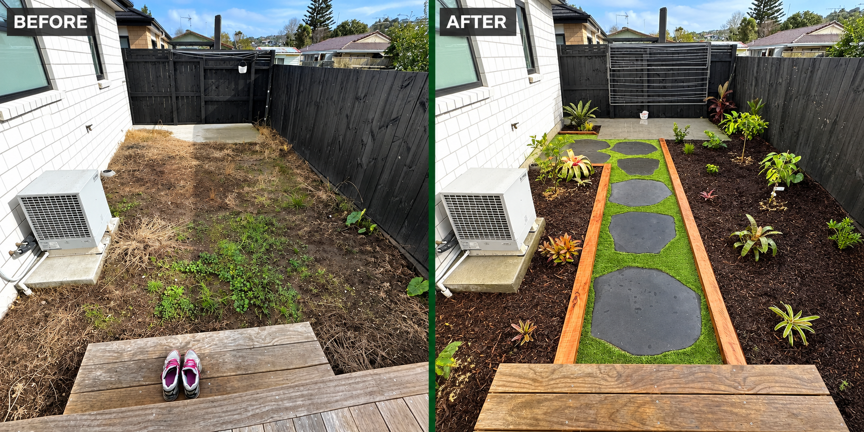 Before and after small yard path landscaping