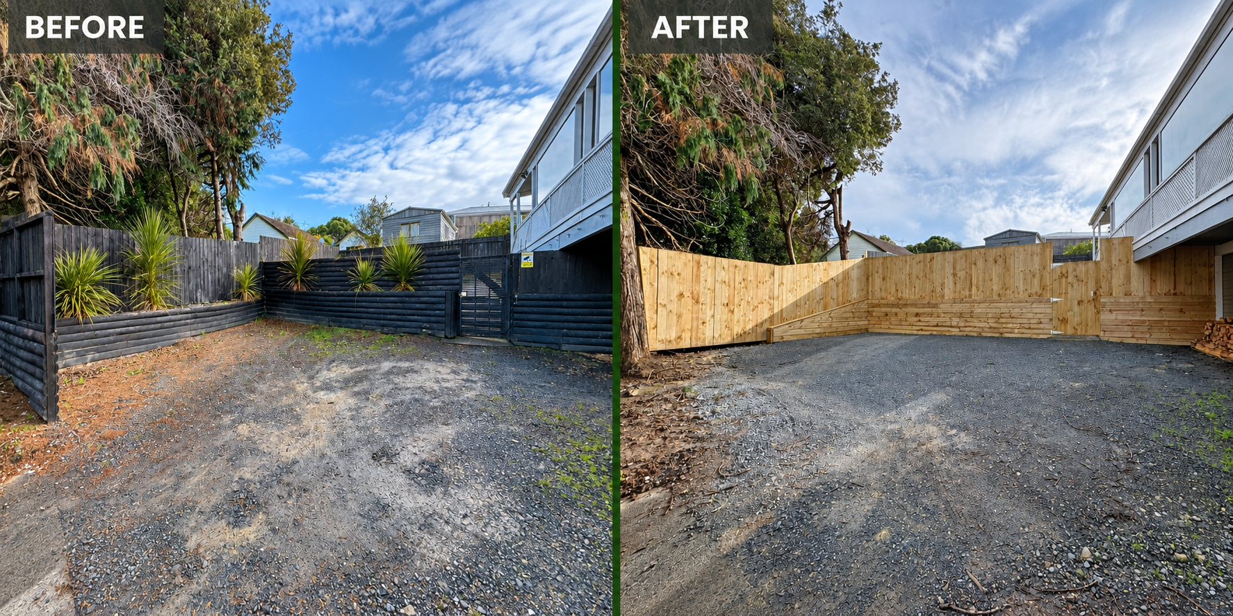 Before and after timber fence landscaping