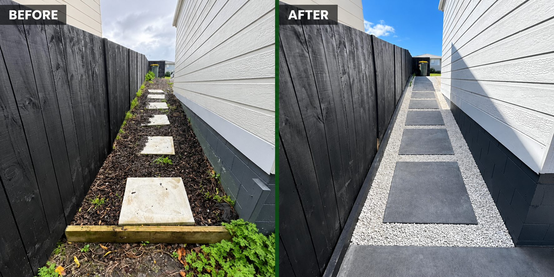 Before and after white stone path landscaping