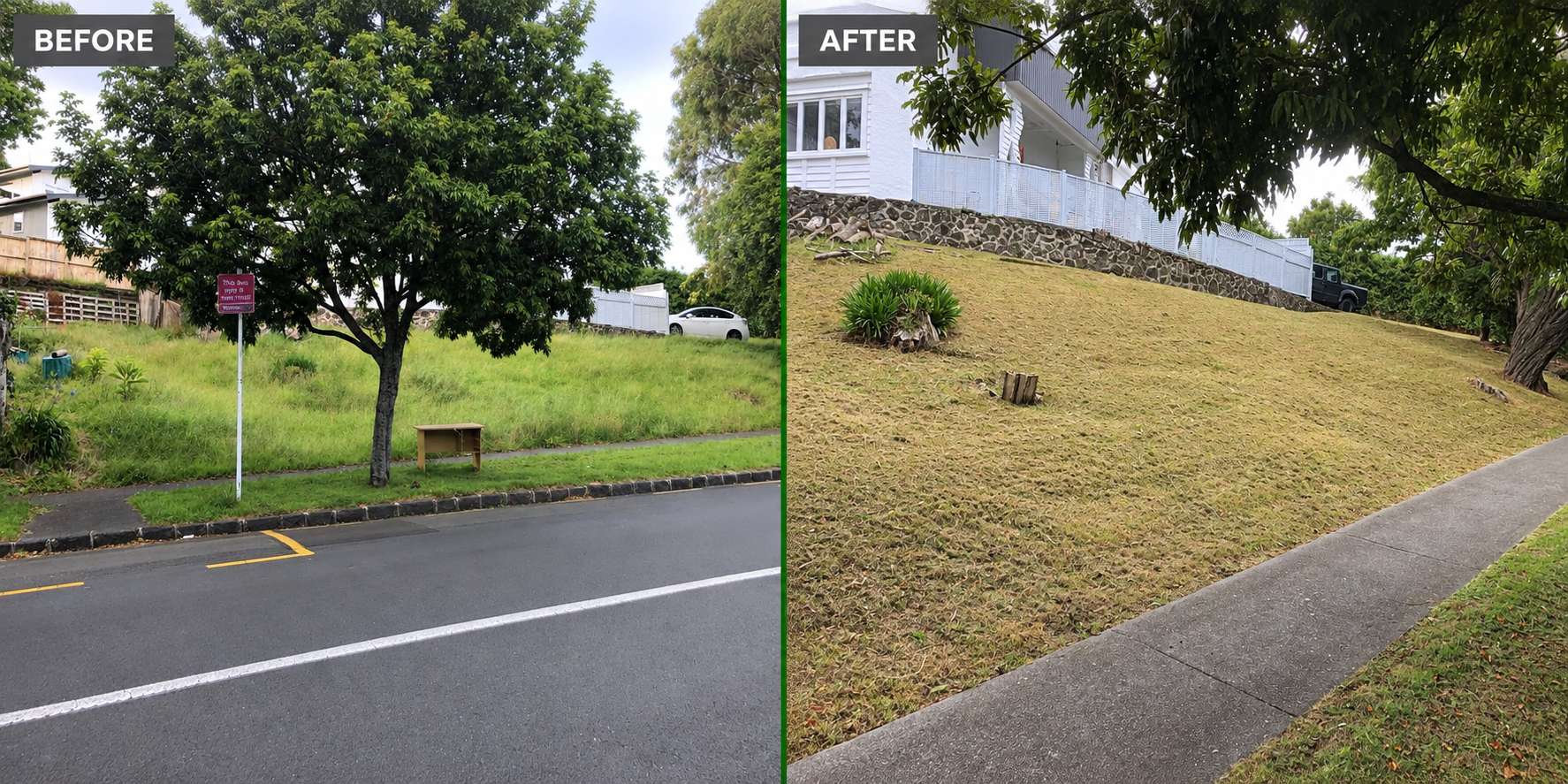 Before and after overgrown lawn mowing transformation