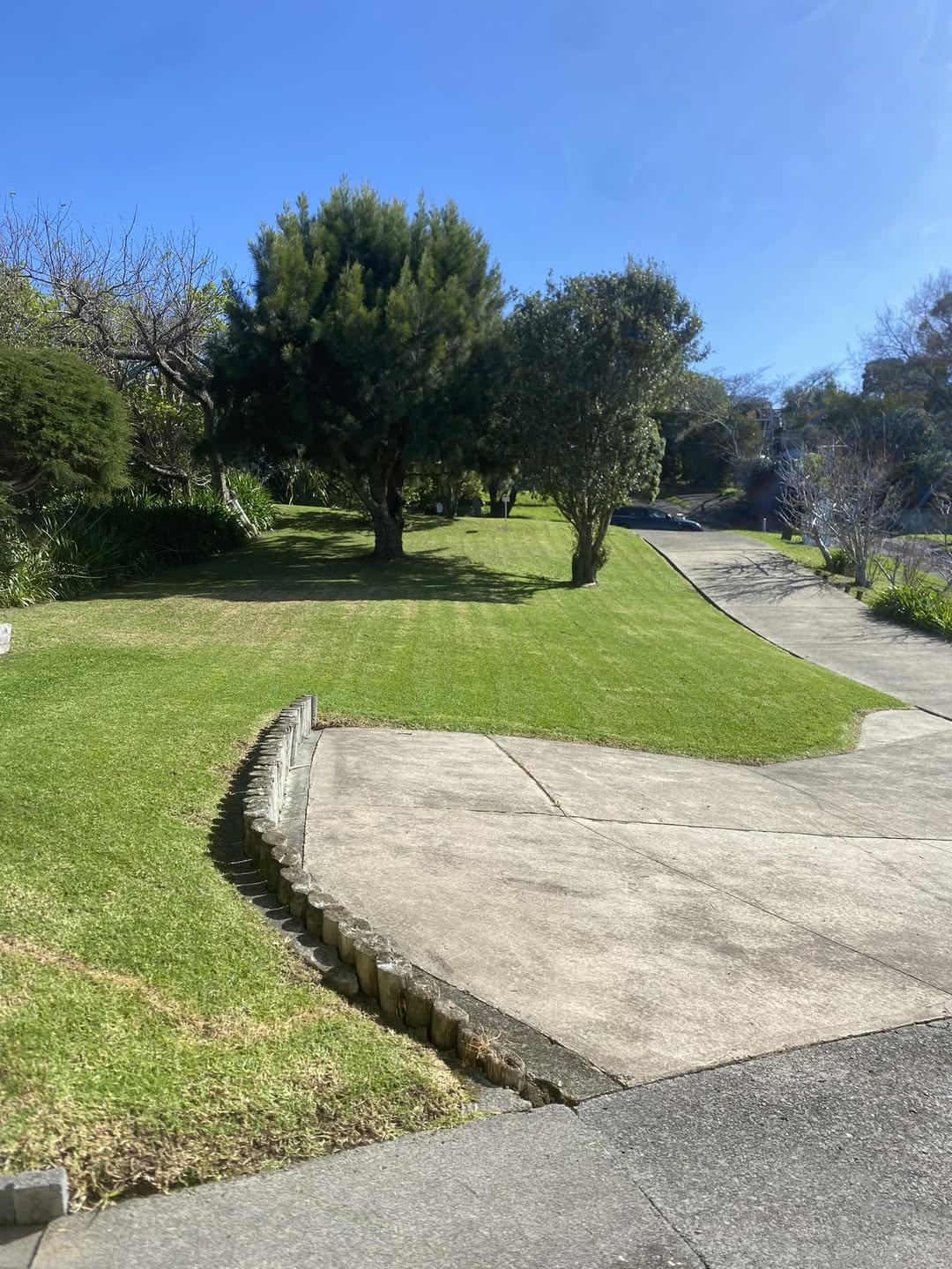 Freshly mown sloping lawn