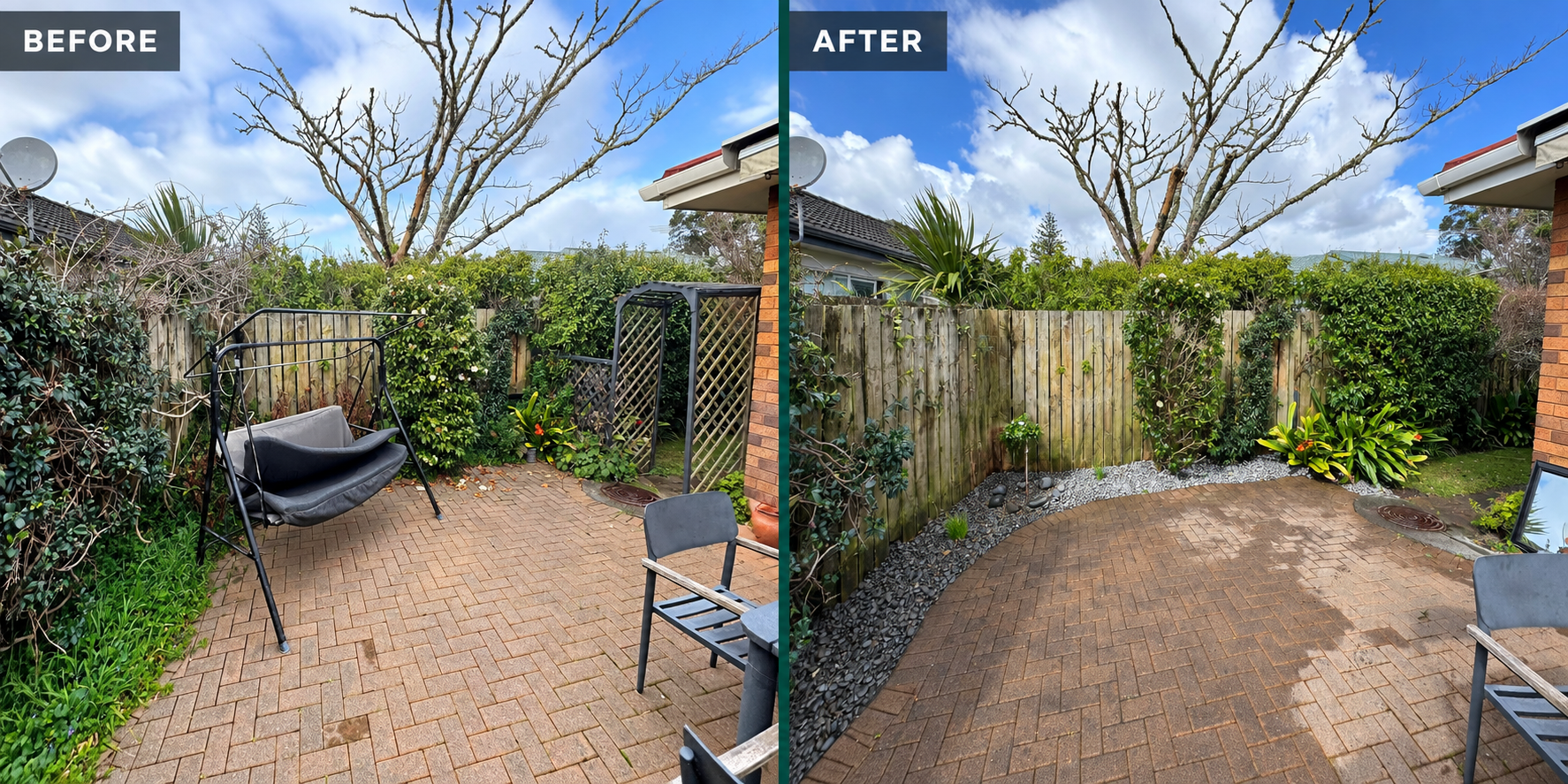 Before and after patio garden maintenance