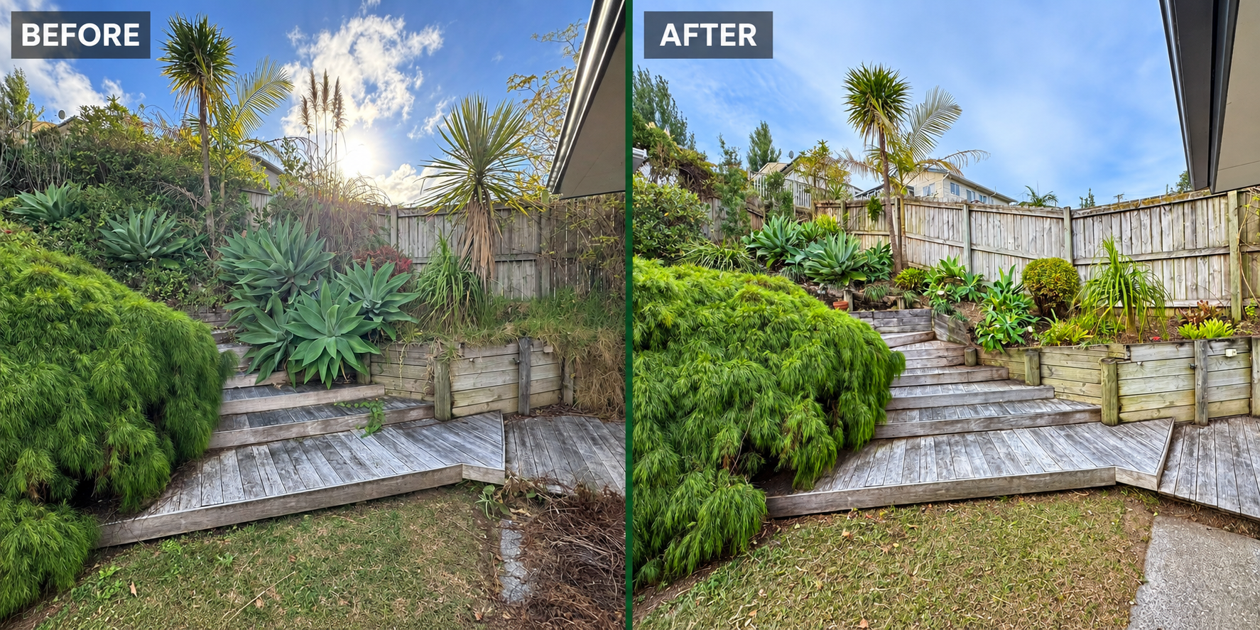 Before and after terraced garden maintenance
